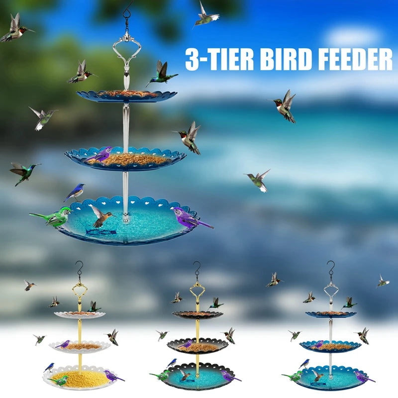 No-EN-Name-Null Outdoor Garden Hanging Metal Chain 3-Tier Plastic Round Shaped Multicolor Trays Bird Bath On Bottom Bird Feeders/Colors-Blue/Black/White/Gold/Yellow/Multicolor