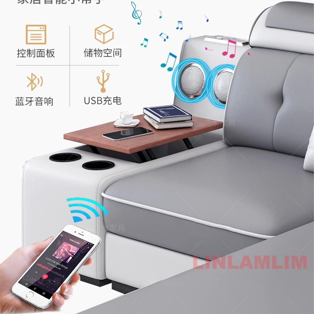 MANBAS Modern Gray U-Shape Corner Medium Firm Soft Comfortable Fabric Sectional Sofa Sets/ Chaise Lounge/ Bluetooth Speakers/ USB Charging Ports/4 Stools/Colors-Blue/Dark Blue/Dark Gray/Light Gray/Off White/Beige/NO Table