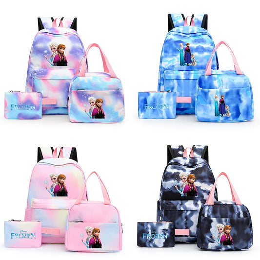 Disney Kids Cute Cartoon Frozen Movie-Elsa-Anna Multicolor Large Waterproof Nylon Fabric Zipper Pockets Shoulder Straps-Handle Single Compartment School Backpacks Sets/ Lunch Bag/Pencil Bag/Colors-Pink/Blue/Multicolor