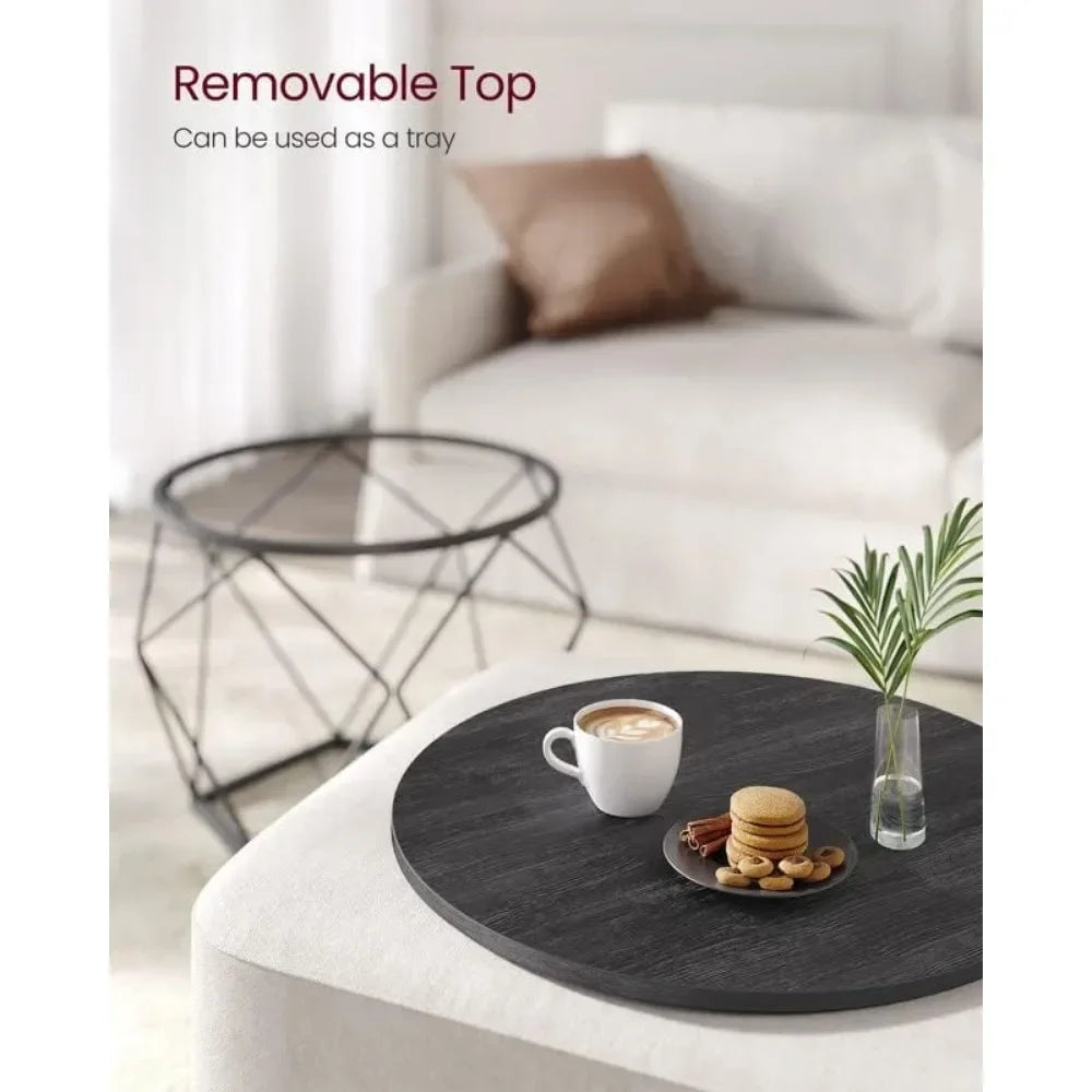 No-EN-Name-Null 2 PCS Rustic Brown Round Wood Top Steel Frame Coffee Table Sets/Colors-Rustic Brown-Black Base/Charcoal Gray-Black Base/White Marble-Black Base/Beige-Black Base/Size:( Large Size) 19.7cm W x 15.7cm H/( Small Size) 15.7cm W x 14.2cm H