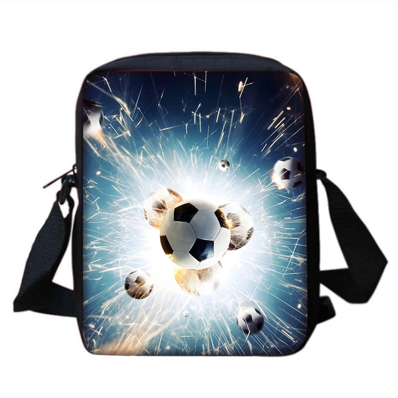 MINISO Kids 3 PCS Large Waterproof Nylon Fabric Zippers Exterior Pockets Printed-Burning Flames Soccer Ball Design Curved Back Shoulder Straps-Handle Sports IPAD Compartment School Backpacks/Color-Black/White/Blue/Multicolor
