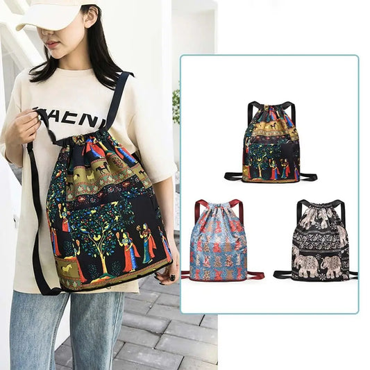 Large Foldable Oxford Cloth Polyester Lightweight Dry-Wet Separation Sports Drawstring Backpacks/External Pockets/Back Straps-Handle/Colors-Black/Animal/Multicolor