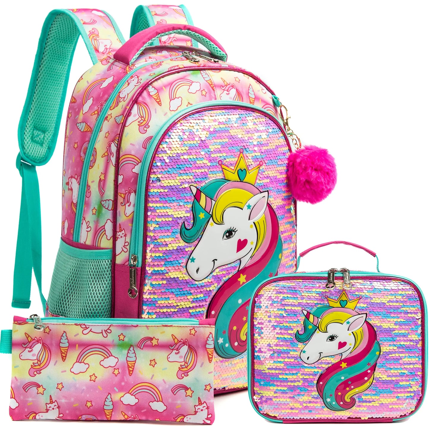 MEETBELIFY Kids Softback Lightweight Waterproof Pink-Purple Nylon Fabric Lightweight Glitter Sequin Zippers Shoulder Straps-Handle Polyester Lining Laptop Compartment Internal-External Pockets School Backpacks/Lunch Box/Pencil Case/Water Bottle Holder