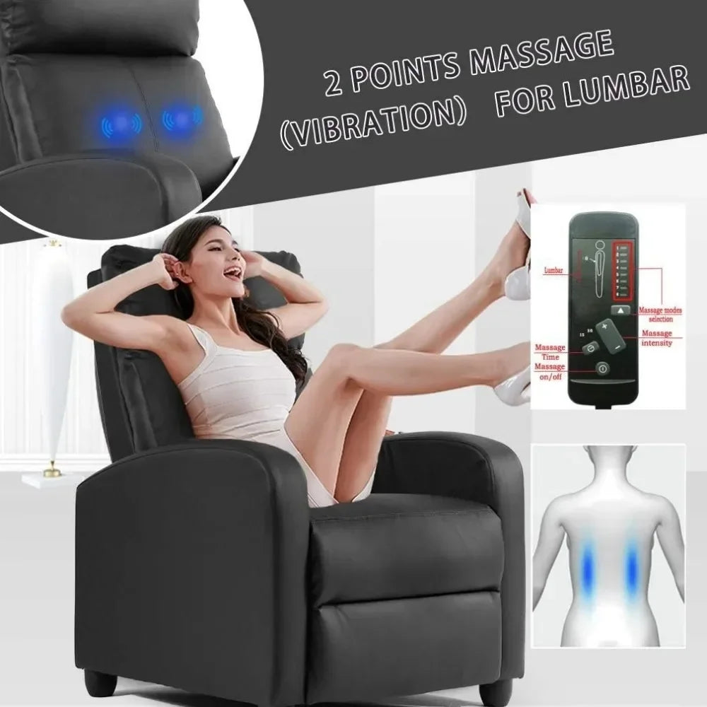 No-EN-Name-Null  Modern Remote Control Soft Black Faux Leather Cushions Upholstered Padded Backrest Massaging Recliners/Weight Capacity 275LBS/Colors-Red/Brown/Blue/Beige/Black/Light Beige