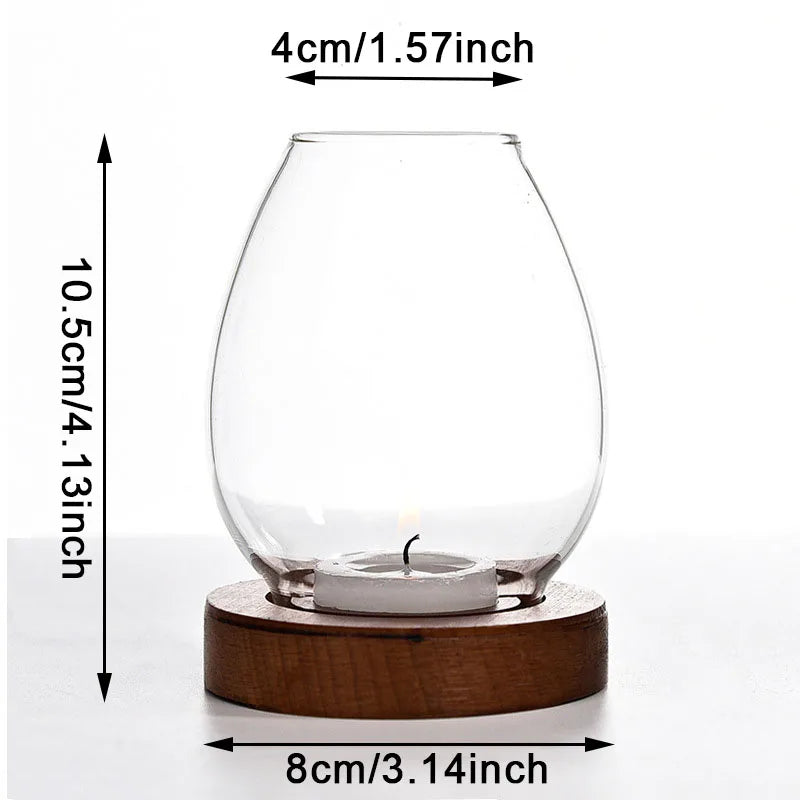 No-EN-Name-Null Modern Windproof Round Clear Transparent Glass Shades Round Brown-Black Wood Base Tealight Candle Holders
