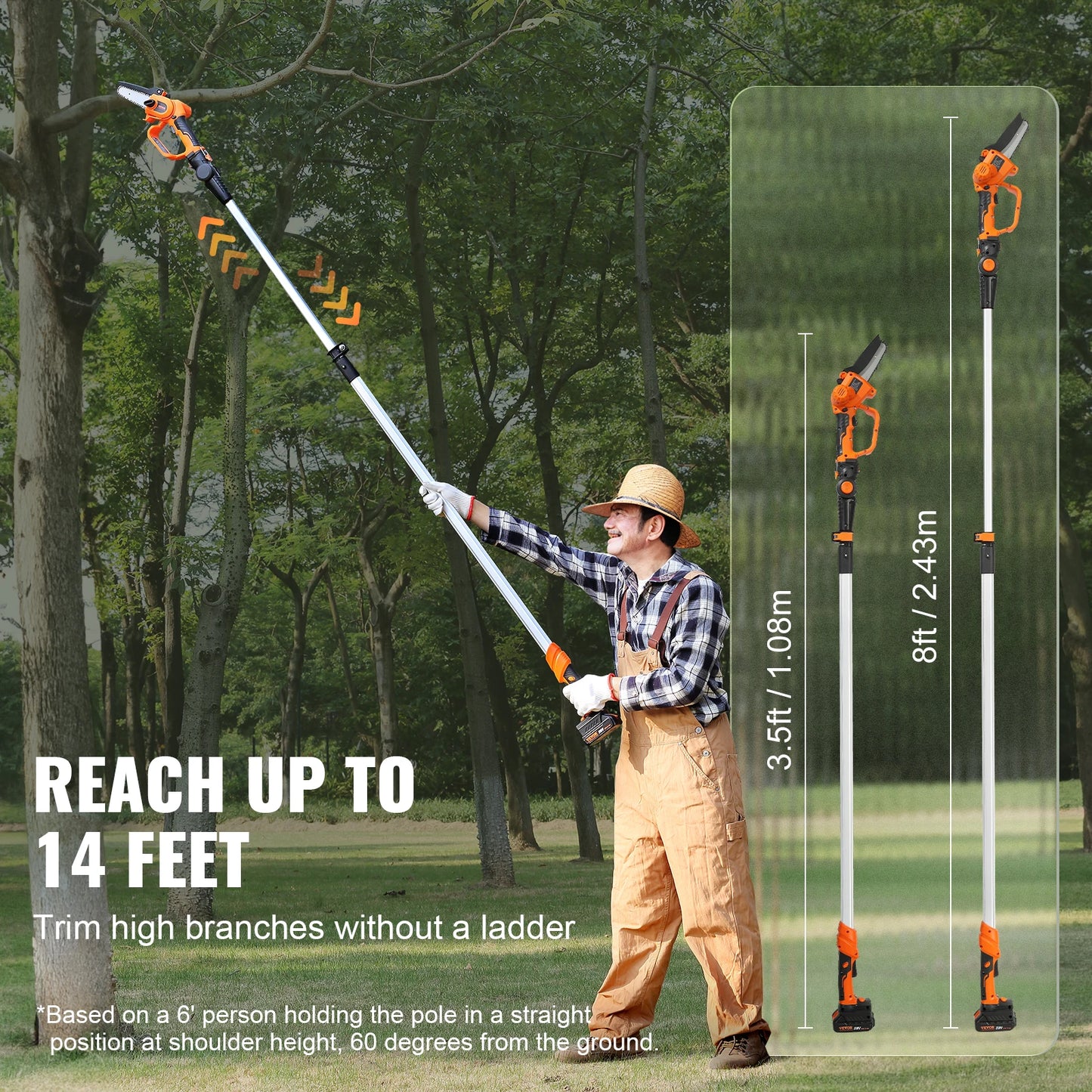 VEVOR Outdoor DC-Powered Rechargeable Battery-Powered 2-in-1 Cordless Orange-Black-Silver Pole Saw-Mini Woodcutting Chainsaw Sets/Outdoor Battery Charger/20V 2Ah Battery/Colors-Orange/Black/Silver