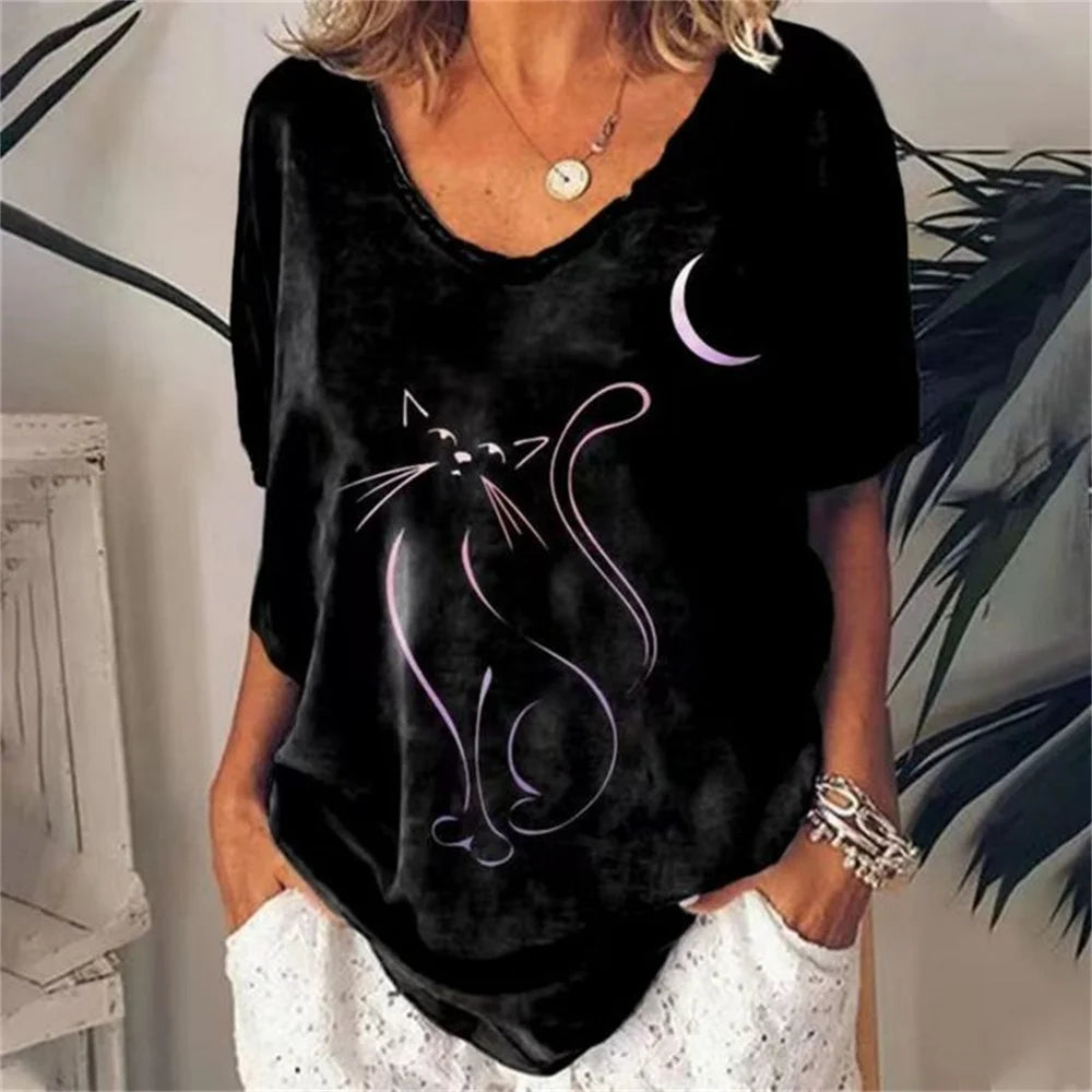 No-EN-Name-Null Women Knit V-Neck Medium Length Cute Cartoon Anime Cat Shaped Stretchable Cotton-Lycra Short Sleeved T-Shirts/Sizes: S-2XL/Colors-Green/Gray/Animal/Checkered/Floral