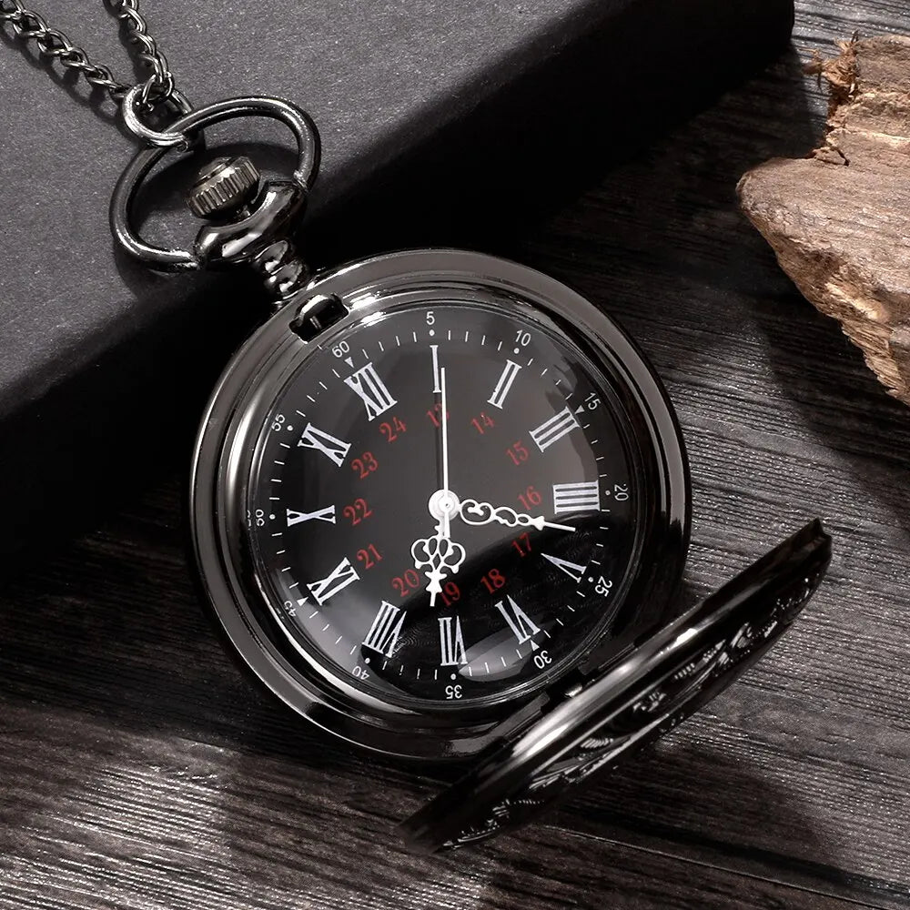 Adults Waterproof Antique Quartz Hallow-Out Black Steampunk Round Shaped Glass Face Stainless Steel Metal Alloy Roman Numeral Chain-Pocket Watches/Colors-Silver/Black/Gold