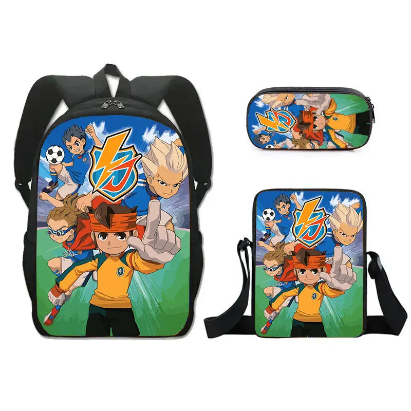 FANTASY VALLEY Women 3 PCS Softback Anime Inazuma Eleven Zippers Waterproof Multicolor Oxford Nylon School Backpacks Sets/ Colors-Black/Blue/Multicolor