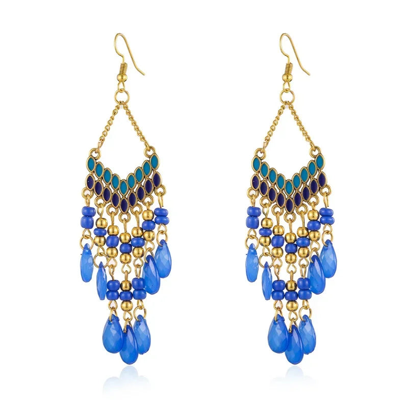 DAIPAN Adult Women Imitation Bohemian Multicolor Resin Beads Water Drop Tassel Gold-Plated Copper-Metal Alloy Earrings/Colors-Multicolor/Gold/Blue/Red/Black/Geometric