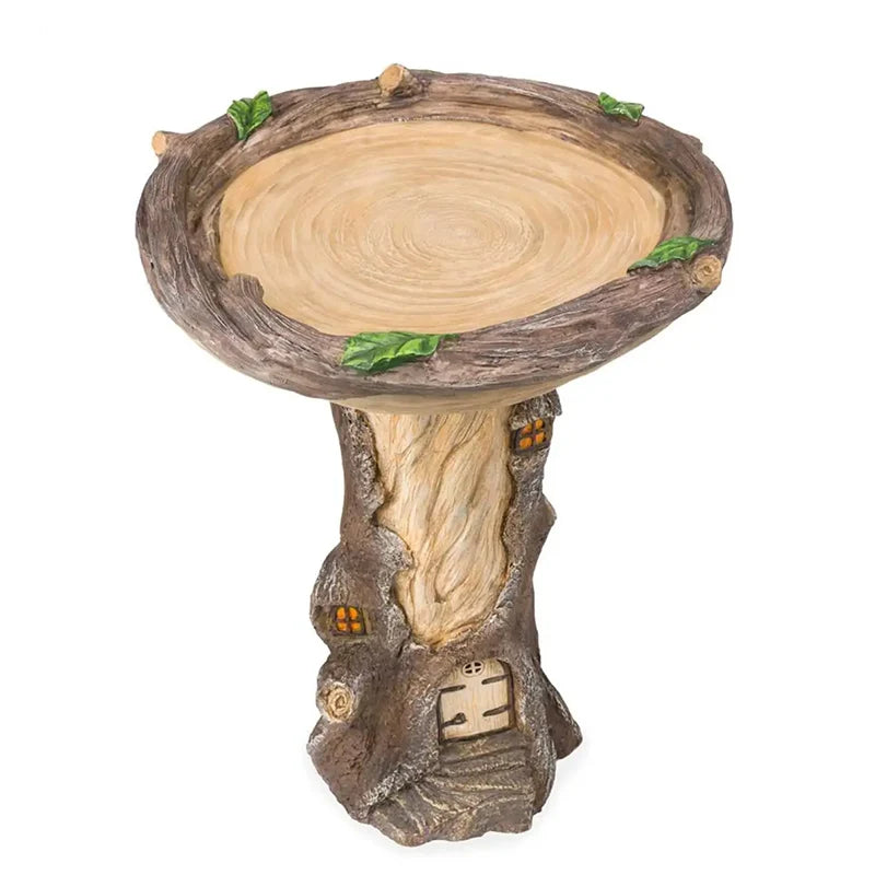No-EN-Name-Null Outdoor Garden Inspired Fairy House Brown Round Shaped Resin Landscape-Door In Realistic Old Wood Grain-Bark On Tree Trunk-Stairs-With A Small Window Design Free-Standing Full-Size Birdbaths