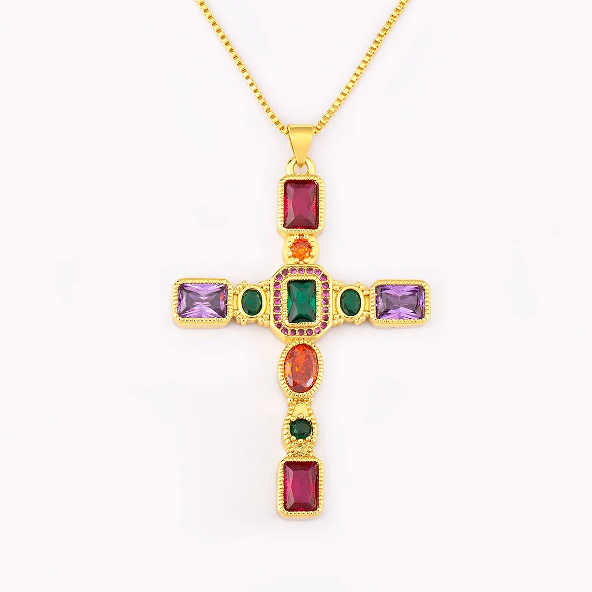 NIDIN Adults Fine Imitation Religious Christian CROSS AAA Large Size Cubic Zirconia Geometric Multicolor-Shiny Clear White Diamond-Like Accents Stones Copper-Gold-Plated Metal Pendant Chain Link Necklaces/Colors-