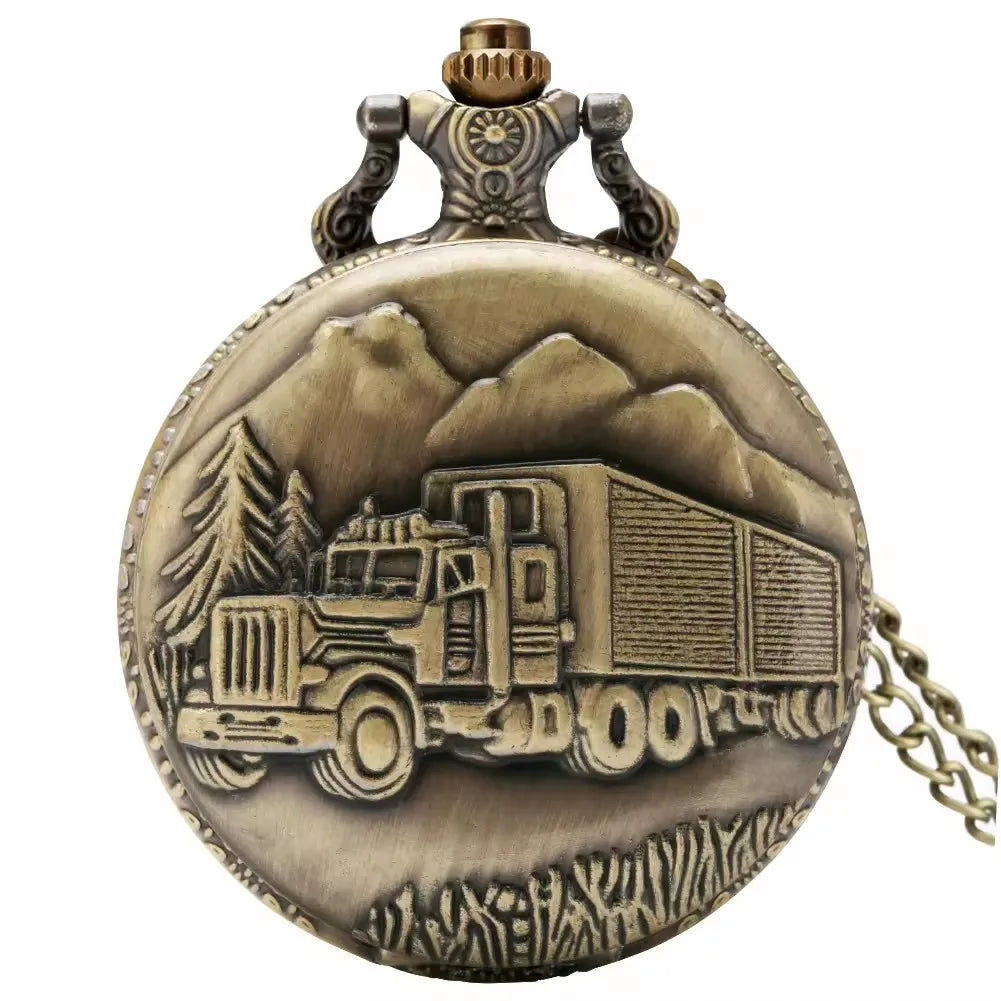 No-EN-Name-Null Adults Men Antique Quartz Analog Display Glass Face Round Shaped Metal Alloy Case Bronze Engraved 18 Wheeler Trucker Steampunk Bronze Chain-Pocket Watches