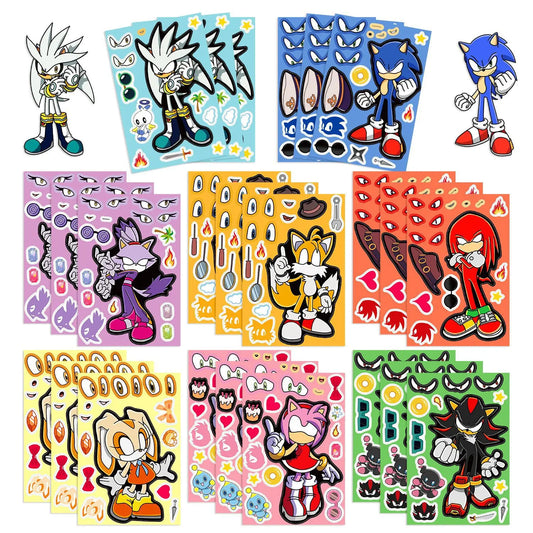 8 Sheets Plastic Multicolor Cute Cartoon Funny Kawaii Anime Sonic The Hedgehog Puzzle Make A Face Sticker Books/Ages: 6-12 + Years Older