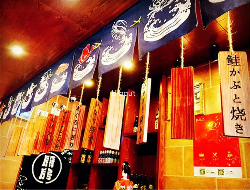 UIBQUT Indoor Japanese Style Brown Bamboo Wood Sushi Shop Entrance-Exit Facility Identification Signs /Size: 10 x 30 x 1.4cm/ Colors-Brown/ Blue/Red