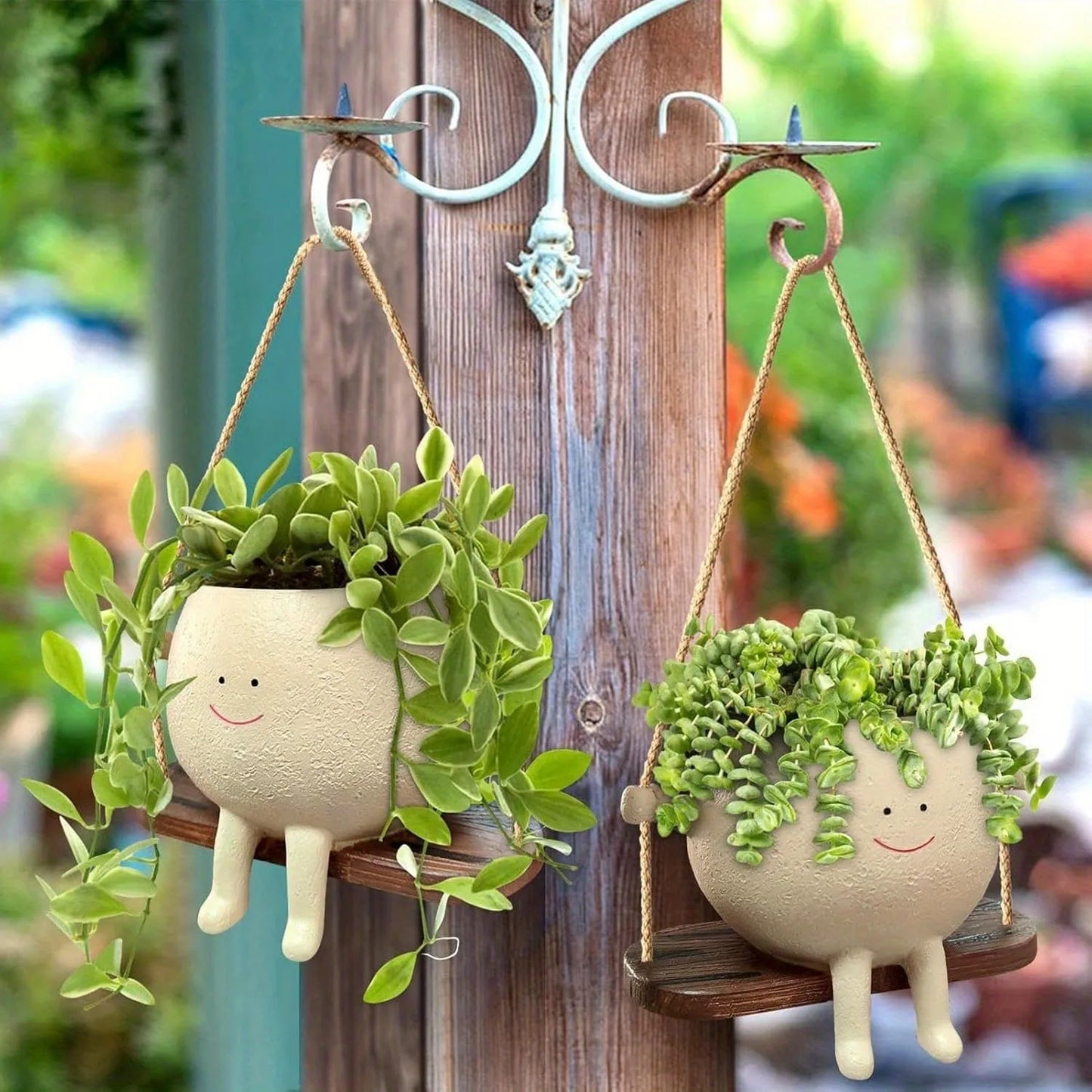 No-EN-Name-Null Round Beige Resin Smiling Face Succulent Suspended Striped Wood Swing Hanging Planters