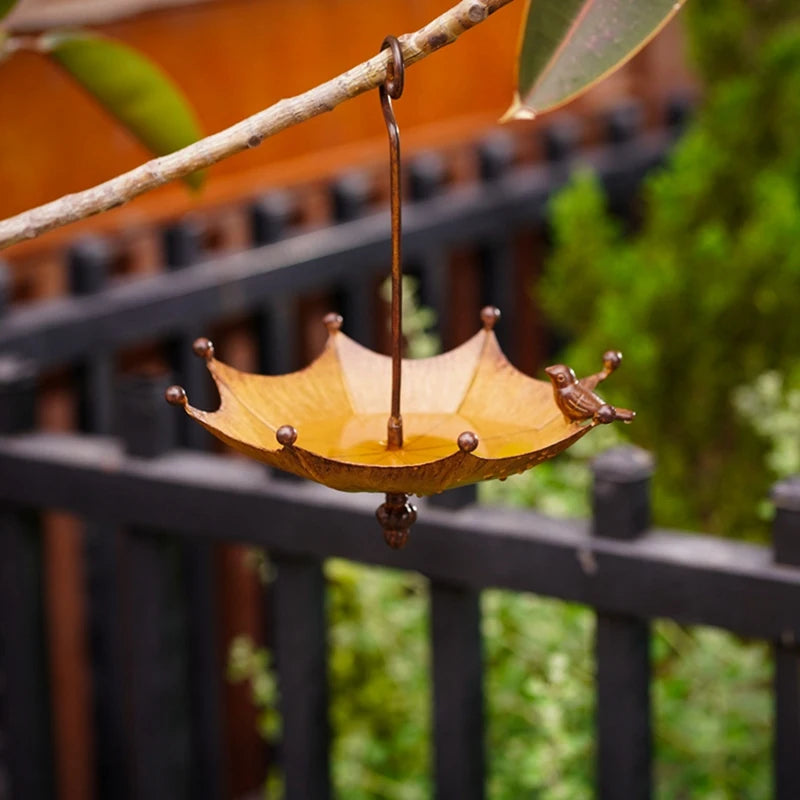 No-EN-Name-Null Outdoor Garden Wood-Iron Metal Upside Down One Bird On Brown Umbrella Shaped Bath Bath-Bird Feeders