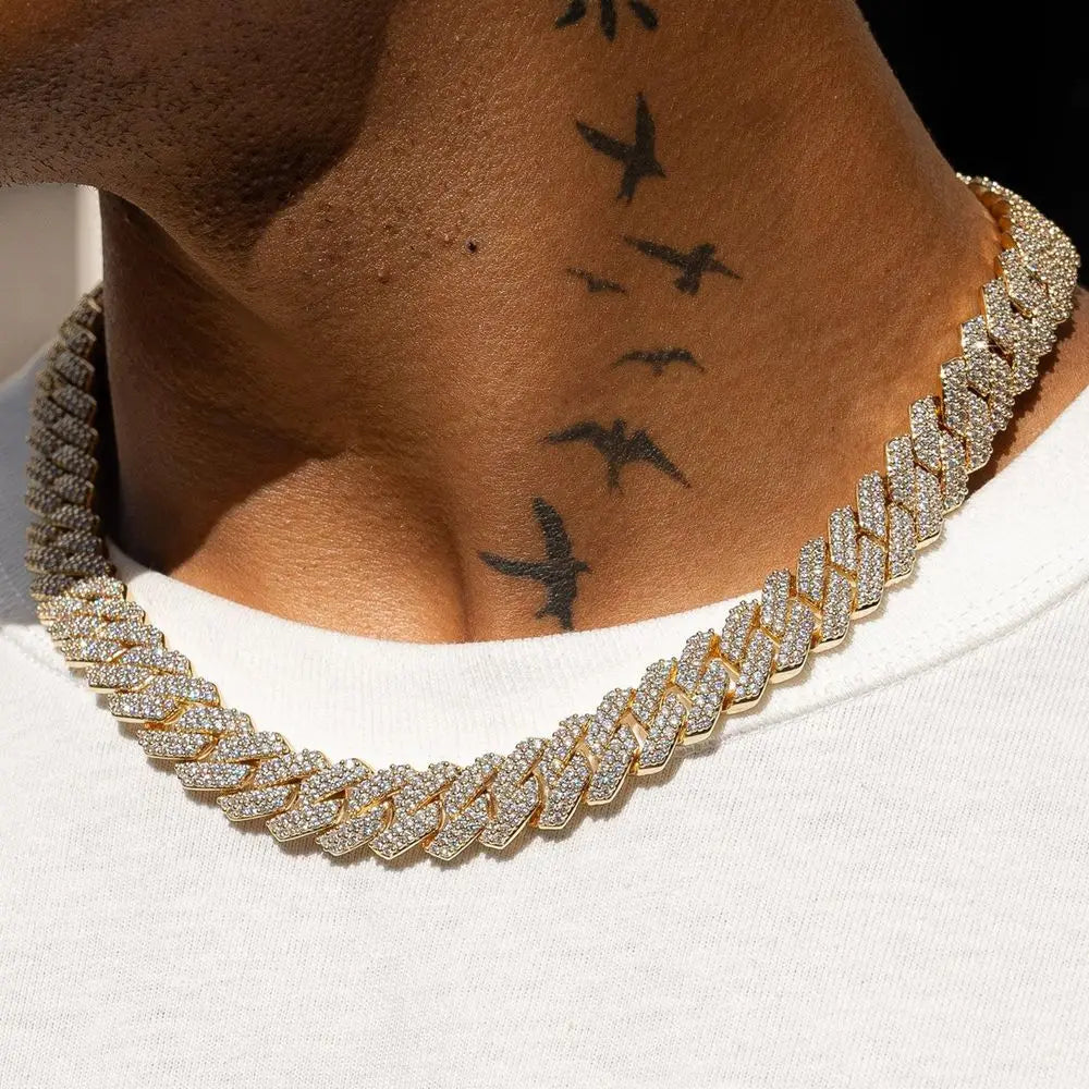 Women-Teen Girls Gold-Silver Metal Iced Prong Chunky Cuban Chain Link Geometric Shape Shiny White Rhinestones Imitation Punk Necklaces