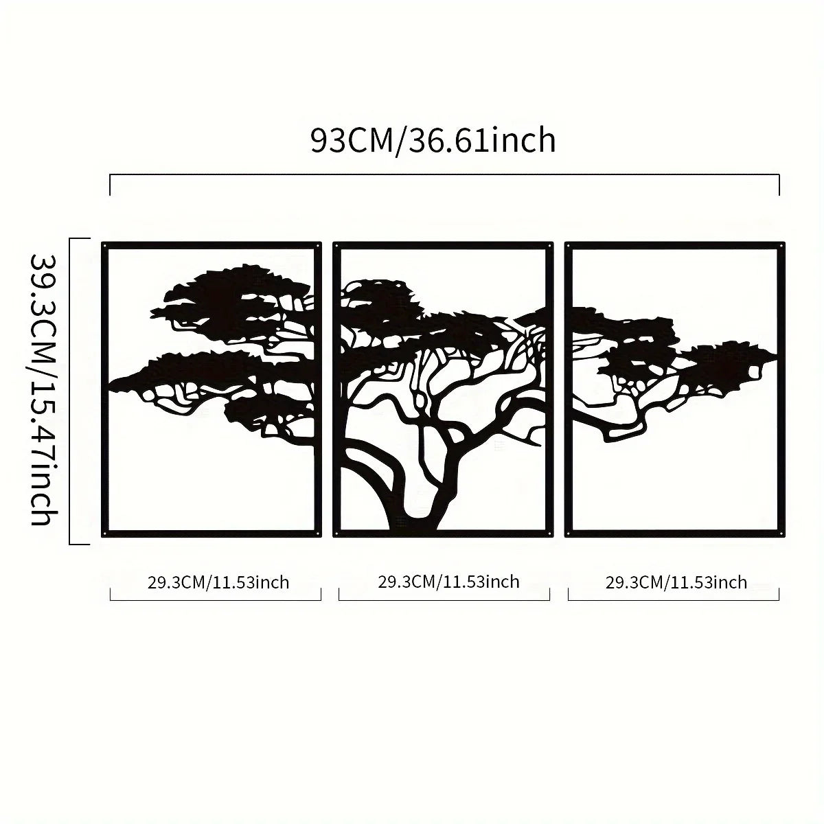 HELLOYOUNG Modern Black-Brown Iron Metal Three-Panel Realistic Natural Trees Art Plaques/Size: 36.61 x 14.41 inches
