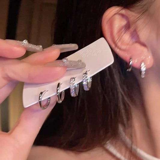 Women 4 PCS /Set Imitation Copper Silver Stainless Steel Aesthetic Zircon Crystal Hoop Earrings