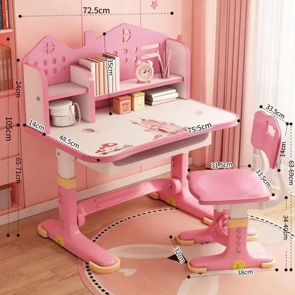 No-EN-Name-Null  Modern Kids Waterproof Wear-Scratch-Resistant Surface White-Pink Trim Rectangle Shaped Adjustable Shelves Steel Metal Frame Round Curved Corners Study Desk-Chair Sets/Storage Options /Drawers/Colors-Pink/Blue/White/Yellow