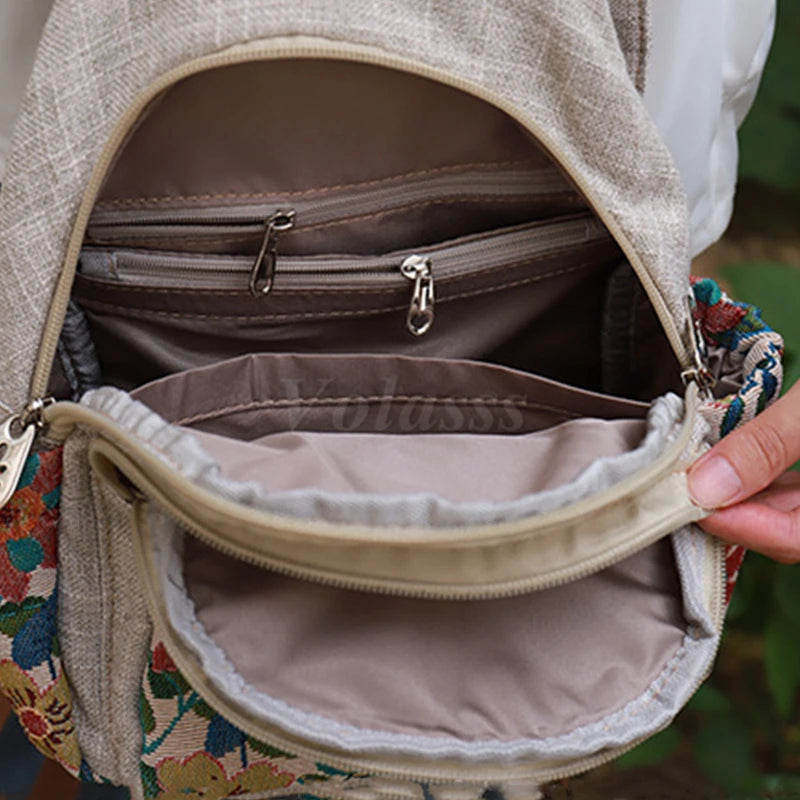 MOTAORA Women Large Handmade Waterproof Multicolor Canvas Fabric Floral Bohemian Design Anti-Theft Two Shoulder Straps-Handle Built-In Single Compartment External Pockets Travel Backpacks/Colors-Beige/Multicolor