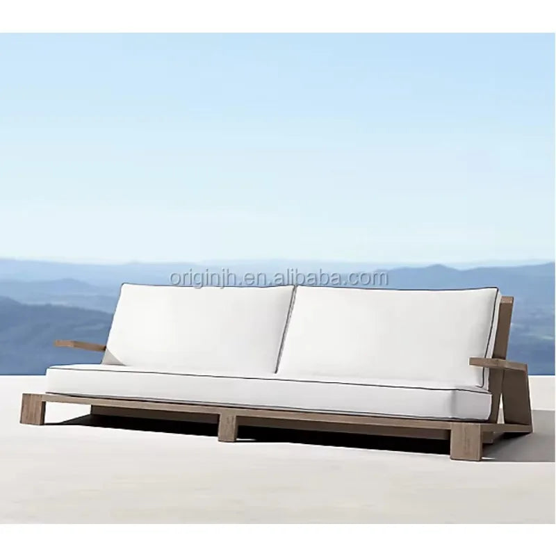 NALLONHU Outdoor Waterproof All-Weather Removable Quick-Dry Synthetic White Fabric Foam Cushion Slipcover UV Protection Brown Myanmar Teak Wood Frame Sofas-Rectangle Shaped Coffee Table Sets/Colors-Brown/White