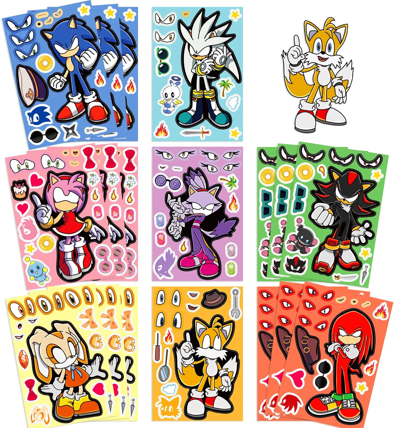 8 Sheets Plastic Multicolor Cute Cartoon Funny Kawaii Anime Sonic The Hedgehog Puzzle Make A Face Sticker Books/Ages: 6-12 + Years Older