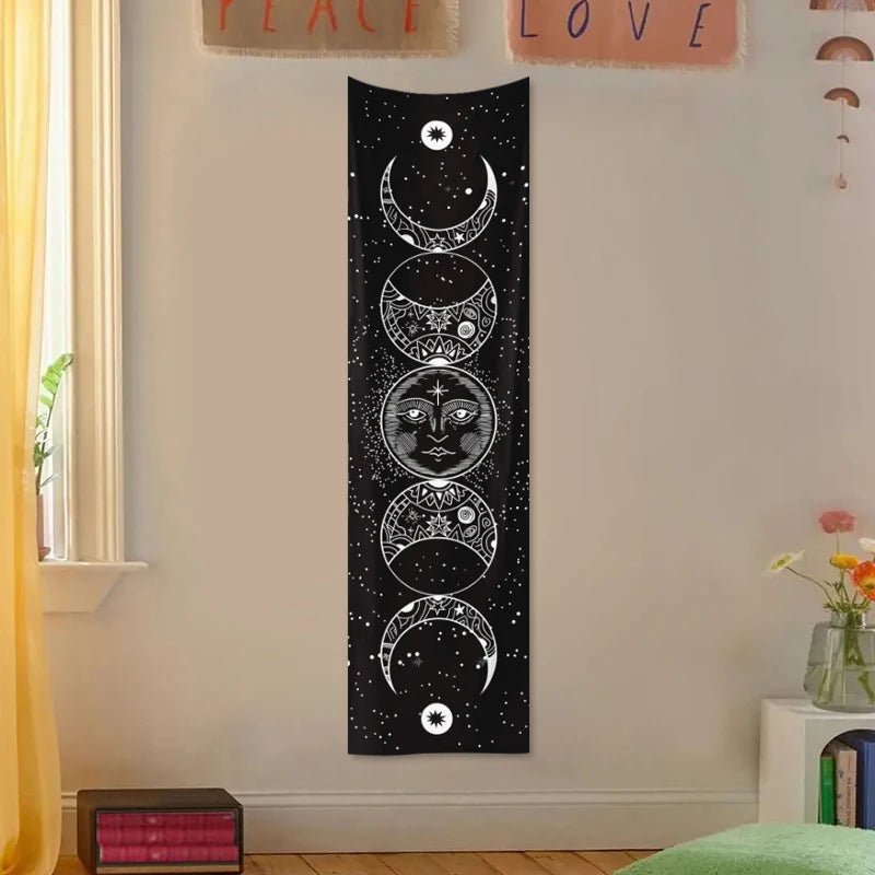 Rectangle Polyester Geometric Black Background White Printed Moon Phrase-Starry Sky Colorful Floral Wall Hanging Tapestries