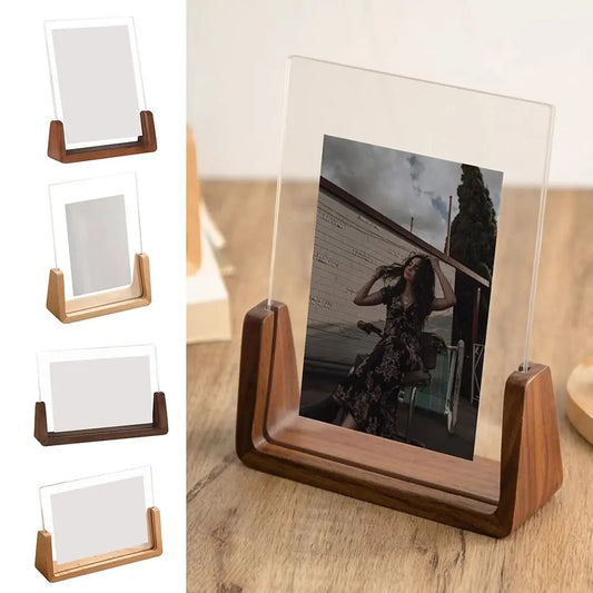 Flexible Strong Rectangle Clear Acrylic Brown Wood Base Photo Frames