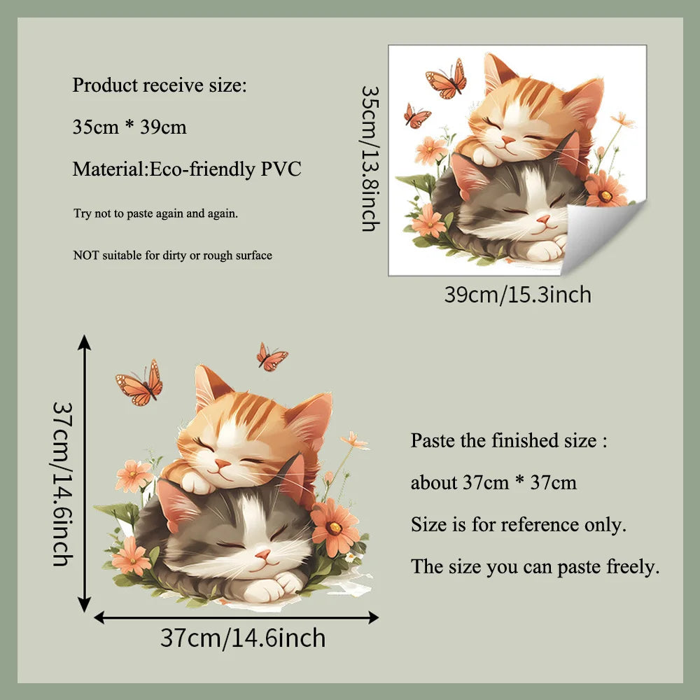HONC Kids Waterproof Mildewproof Plastic Double-Sided Visual Multicolor Cute Cartoon Sleeping Cats Design Self-Adhesive Floral Butterflies Wall Decals/Colors-Animal/Multicolor