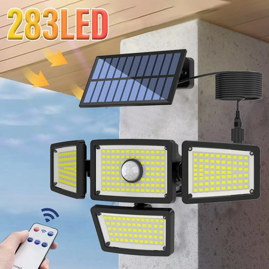 SHUSTAR Outdoor Waterproof Remote Control Sensitive Motion Sensors Dimmable Adjustable 3 Mode LED Light Four Black-White-Gray Plastic Rectangle Body Solar-Powered Lithium Battery Flood-Spot Lights/ 5m Extension Cord Included