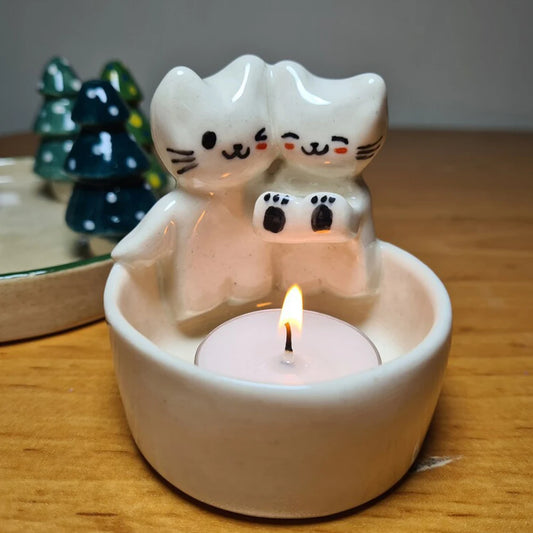 DUUTI Polyresin Heat Resistant White Cute Adorable Eye-Catching Cartoon Funny Cats-Dogs-Rabbits-Foxes Design Round Bottom Small Tea Lights Candle Holders
