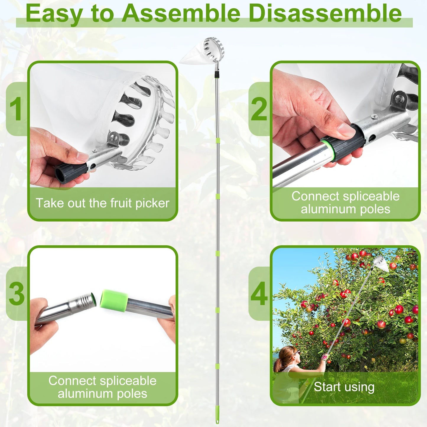 TOORISE Green-Silver Stainless Steel-Aluminum Lightweight One Fruit Picking Pole Head Basket Gardening Tools/1-Picking Basket/1-Splicing Rod/1-Storage Bag