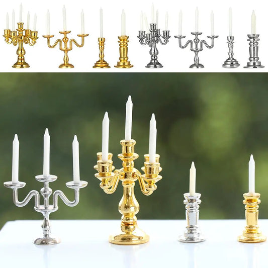 No-EN-Name-Null Teens-Adults Miniature Candelabra Gold-Silver Metal Alloy Candle Holders Dollhouse Accessories /18 + Years Old