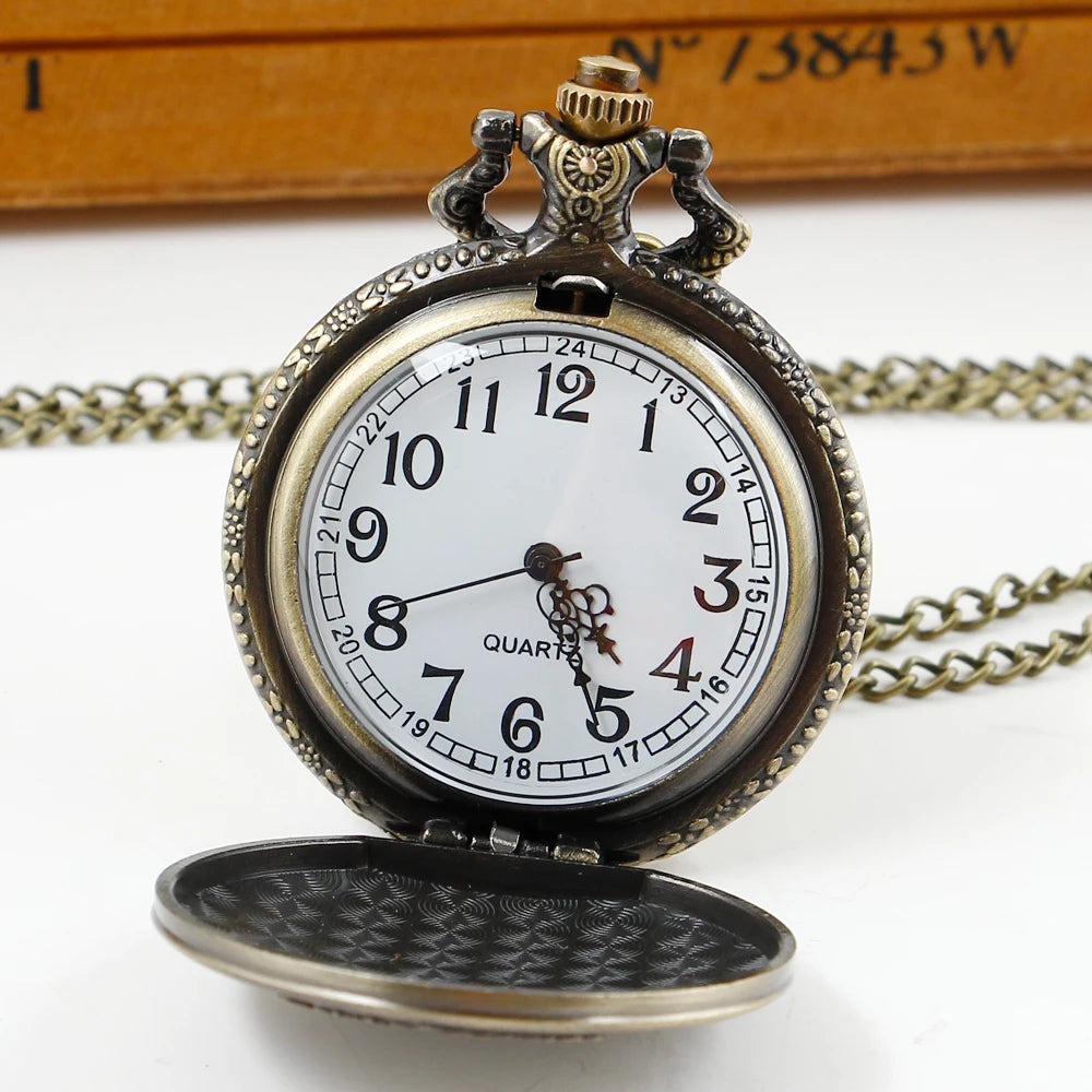 SHUHANG Adults Quartz Analog Display Antique Brown-Bronze Round Shaped Metal Alloy Case Acrylic Face Arabic Numeral Engraved Petite France 1943 Year-Night Sky-Stars-Planets Background Little Boy Holding A Sword In His Hand Design Chain-Pocket Watches