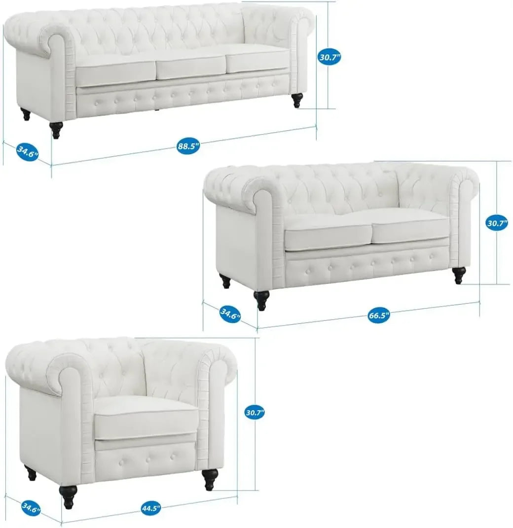No-EN-Name-Null 3 PCS White Modern Medium Firm Upholstered Padded Chesterfield Lounge Solid Wood Framed Faux Leather Tufted Cotton Fabric Sofa Living Room Sets