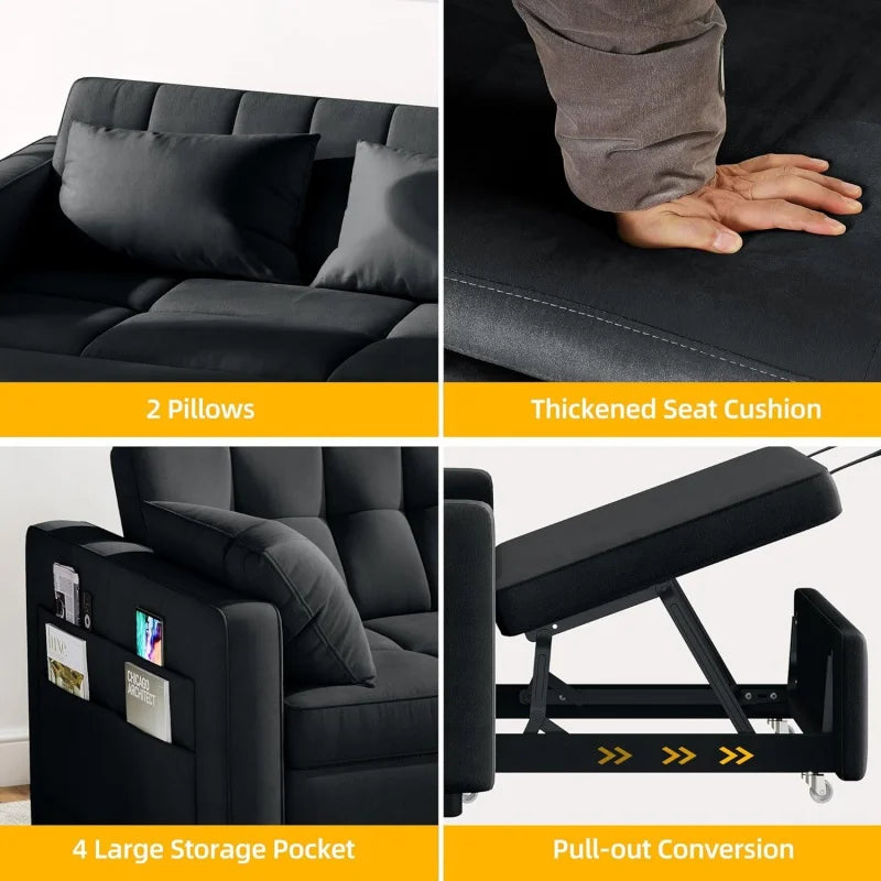 YUJINGXI Indoor Black Modern Morocco Medium Firmness 3-in-1 Sleeper Pull-Out Adjustable Backrest Soft Plush Velvet Fabric Cushions Side Pocket Futon Couches/Colors-Gray/Beige/Black