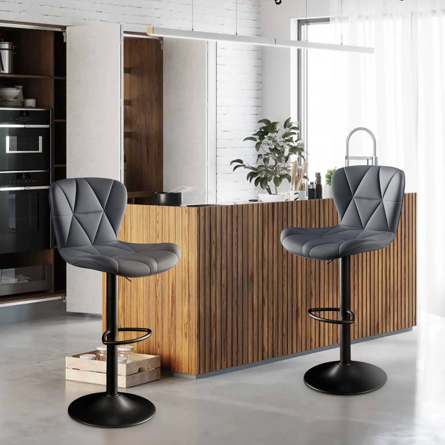 No-EN-Name-Null 2 PCS Waterproof Low Backrest Armless Upholstered Padded Shell Shaped Soft Faux Leather Fabric Seat Cushion Black Metal Round Base-Footrest Bar Kitchen-Dining Room Chair Sets /Colors-White/Beige/Gray/Black/Brown