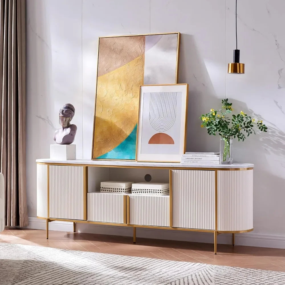 No-EN-Name-Null Modern Adjustable Dimensions Cable Managing-White Fluted Gold Metal Accents Curved Profile Design Entertainment Centers-TV Stands /Holds TVs Up to 80 inches/Colors-Navy Blue/White/Natural Oak