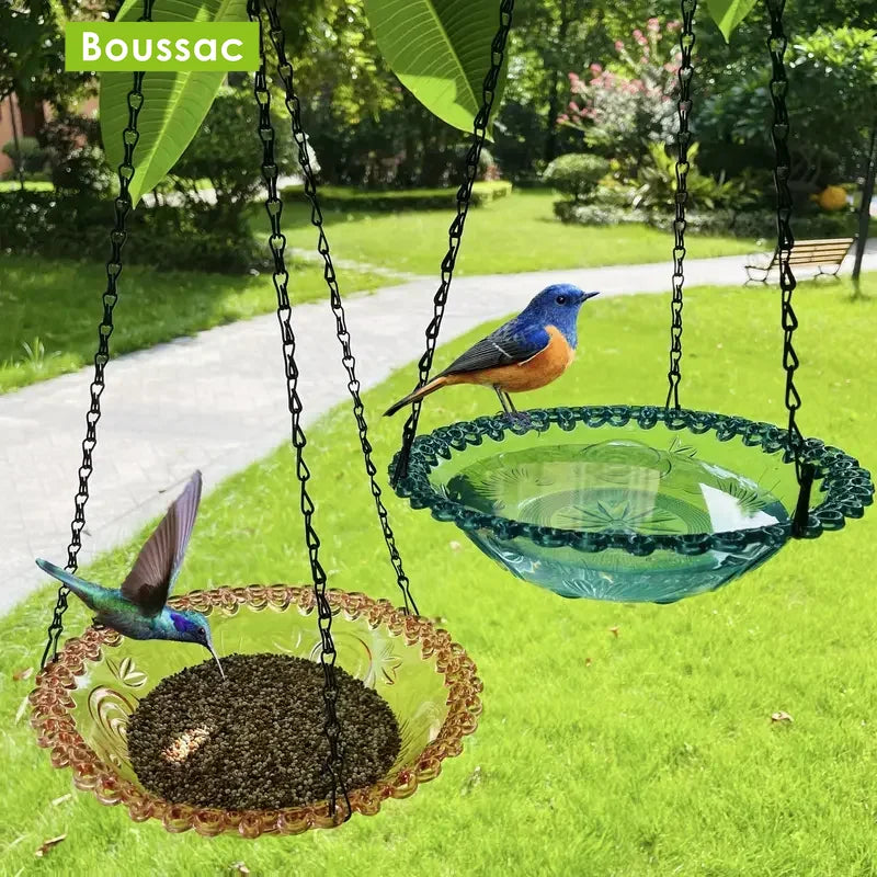 No-EN-Name-Null Outdoor Garden Hanging Black Chains Blue-Green Plastic Floral Design Bowl Bird Feeders/ Or Bird Baths