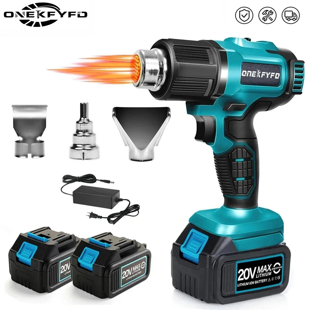ONEKFYFD Plastic Blue-Black Body Lithium Battery-Powered Rechargeable Cordless Electric Adjustable Temperature 300W Hot Air Guns/2 Lithium Batteries/3 Nozzles/ Charging Cord/Adapt To Makita 18V Lithium Battery/Colors-Blue/Black/Silver