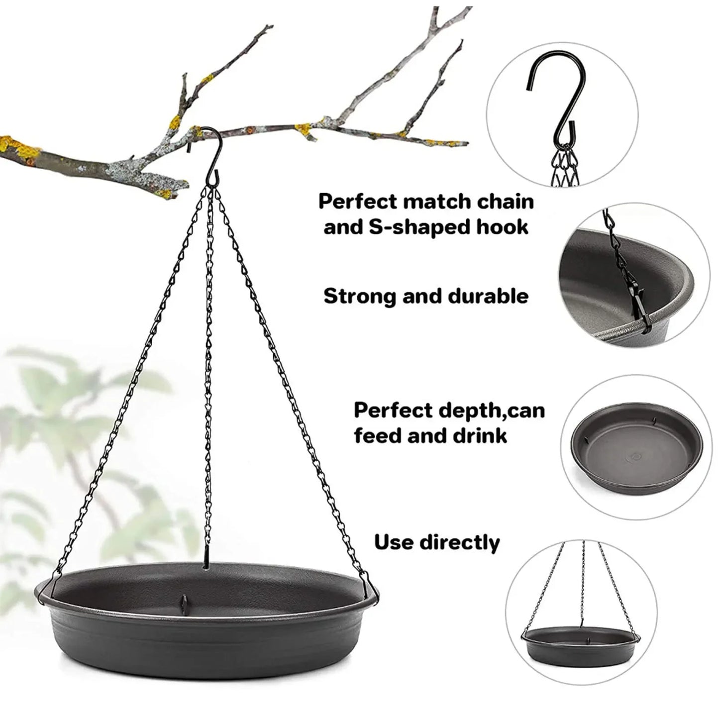 No-EN-Name-Null Outdoor Garden Hanging Black Metal Chains Round Plastic-Resin Small Bird Baths/Colors-Black/Gray/White/Multicolor/Floral/Brown