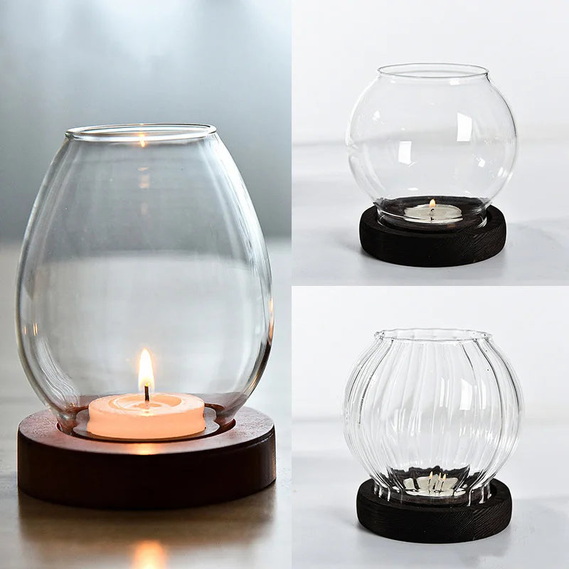 No-EN-Name-Null Modern Vintage Clear Transparent Round Glass Shade-Round Brown Wood Base Windproof Big Tealight Candle Holders