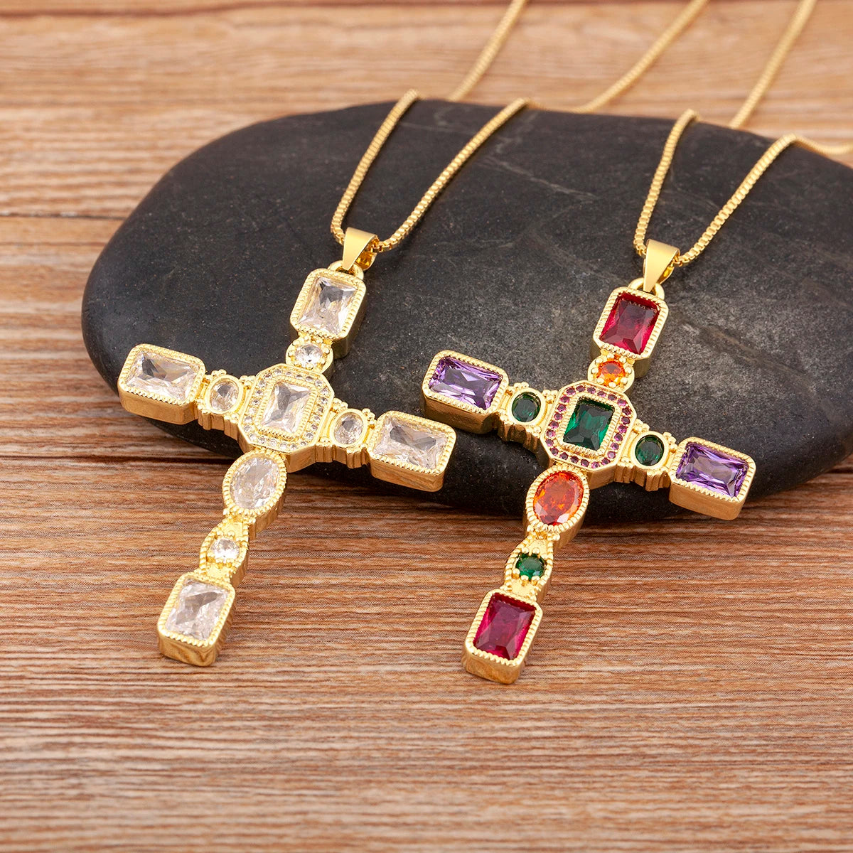 NIDIN Adults Fine Imitation Religious Christian CROSS AAA Large Size Cubic Zirconia Geometric Multicolor-Shiny Clear White Diamond-Like Accents Stones Copper-Gold-Plated Metal Pendant Chain Link Necklaces/Colors-