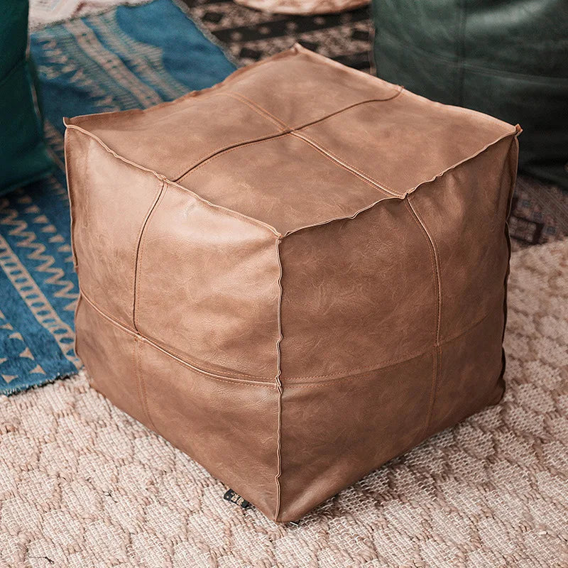 No-EN-Name-Null Modern Moroccan Square Cotton-Polyester-Feathers Fillers Synthetic Faux Leather Upholstery Removable Ottoman Pouf COVERS /Colors-Brown/Green/Gray/Blue/Geometric