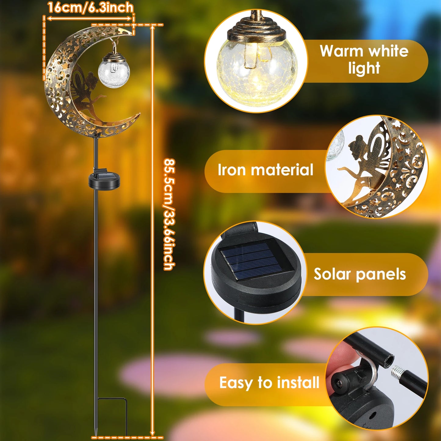 No-EN-Name-Null Outdoor Solar-Powered Fairy Sitting On A Half Moon-Stars Pattern LED Light Iron Metal Body Garden Landscape Pathway Lighting