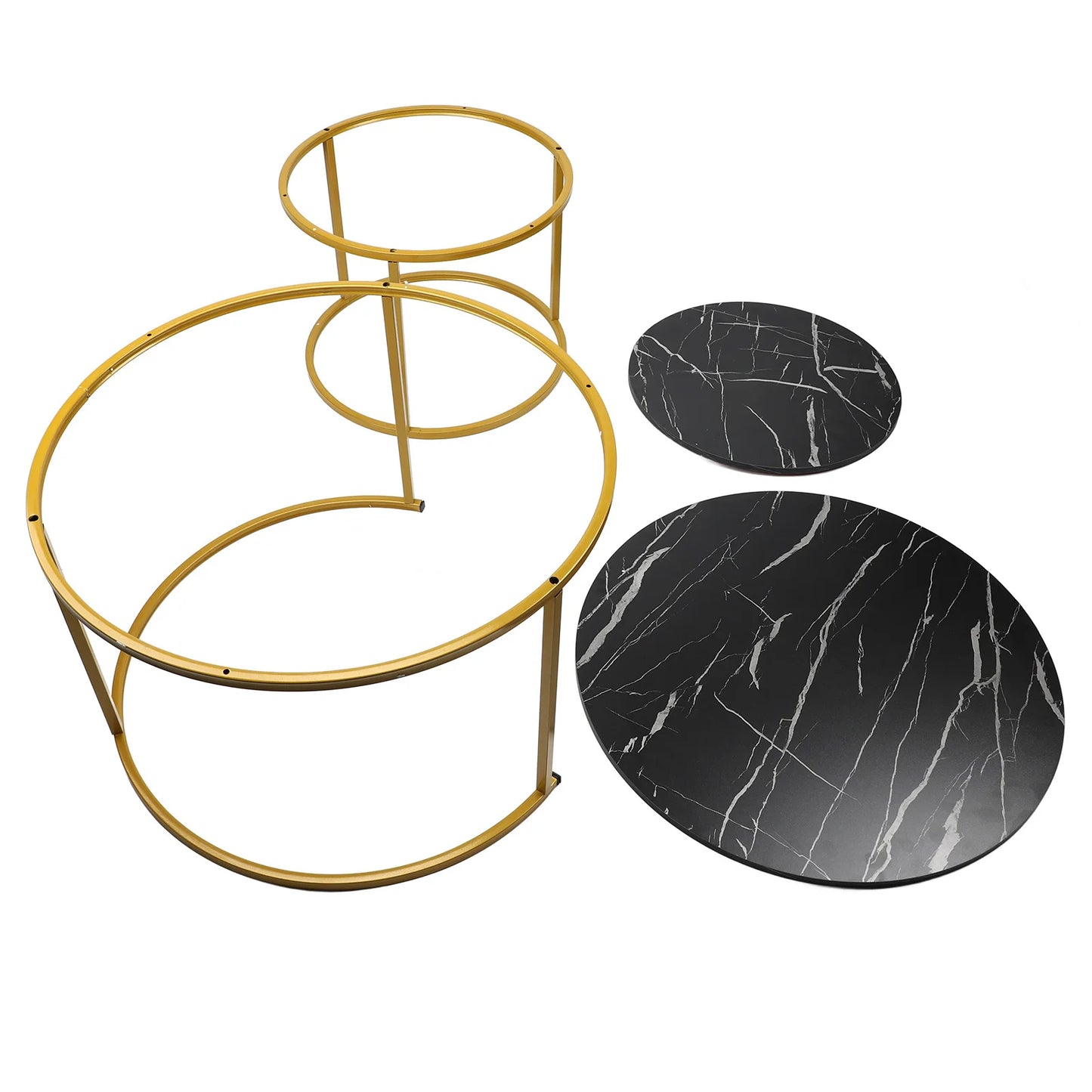 TOPINCN Modern 2 PCS Round Black Marvel White Grain Top Gold Metal Circle Frame Interlocking Stacking Coffee Table Sets/Colors-Black