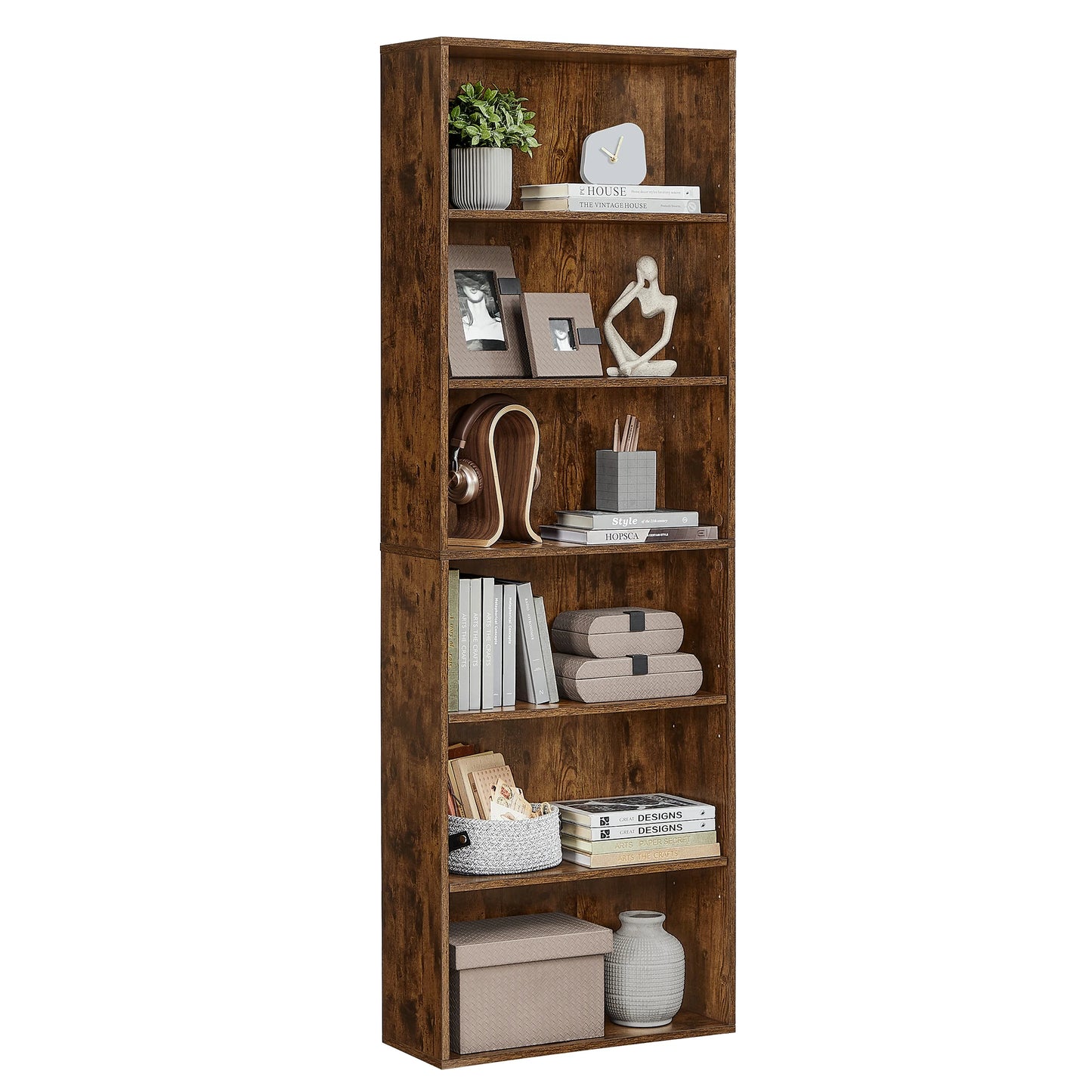 VASAGLE Rustic Brown Six Shelves Wood Particle Board Wall-Mounting Ant-Tilt Protection Metal Brackets Rack Bookcases/ Size: 24 x 60 x 178.5 cm/Mounting Kit Included