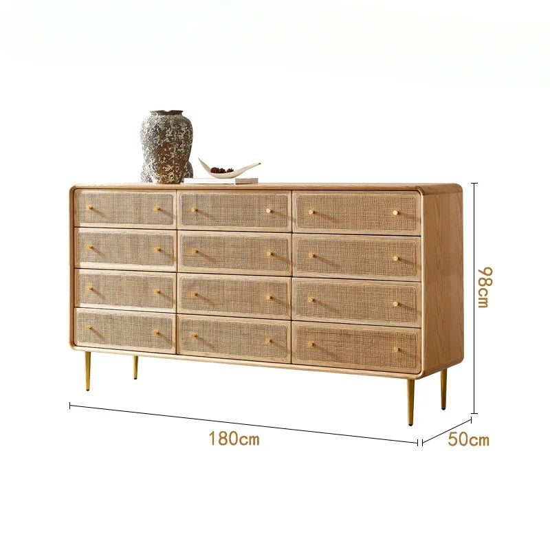 Brown Kitchen Storage Rattan Wood Sideboard w /Drawers/Doors